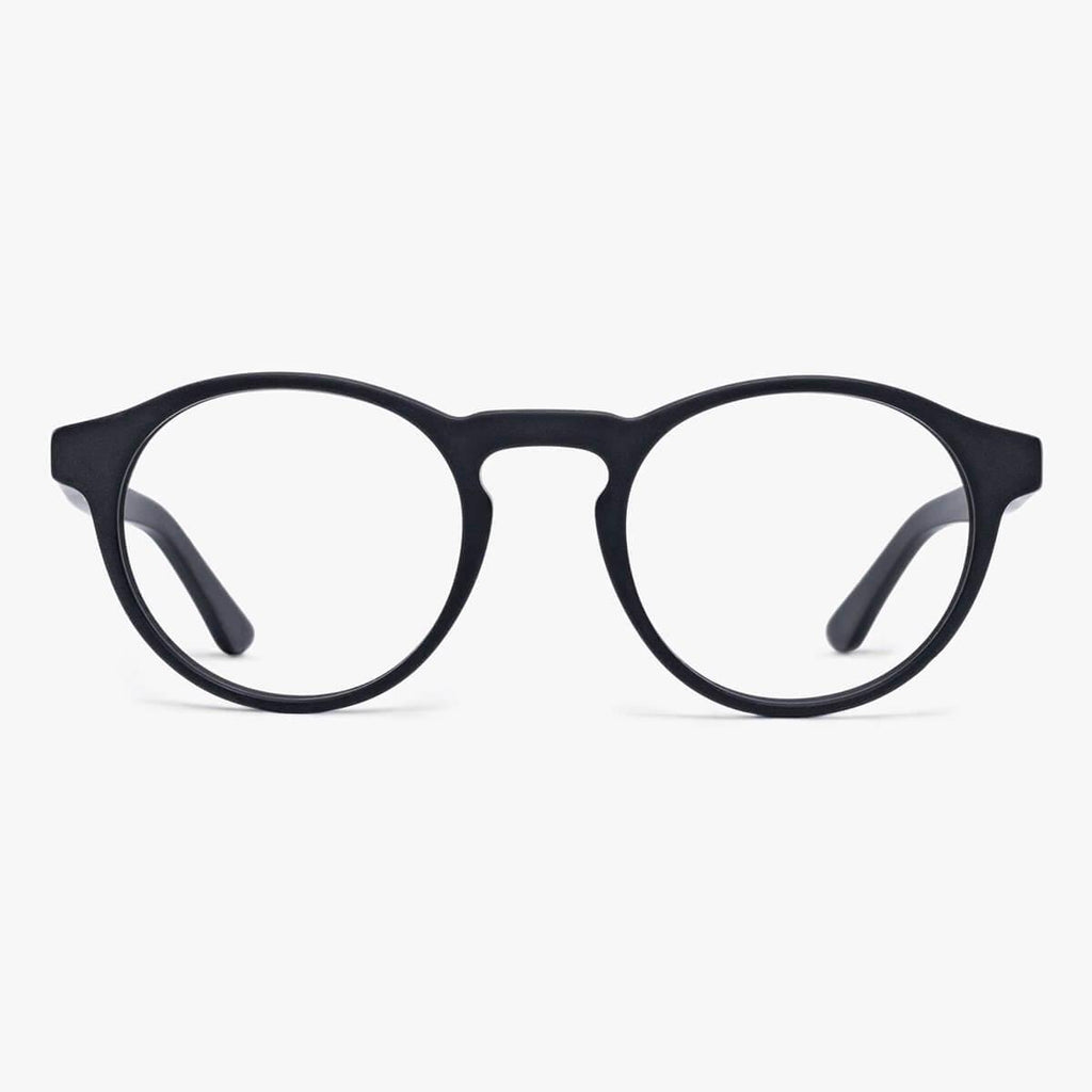Antiblå lysbriller med en sort oval ramme