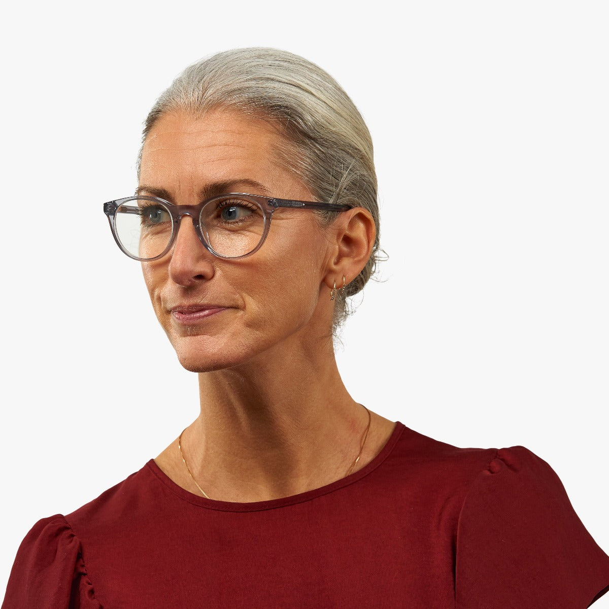 Luxreaders stylish Women's Örebro Crystal Grey Reading glasses. Made from Acetate in a Iconic shape.