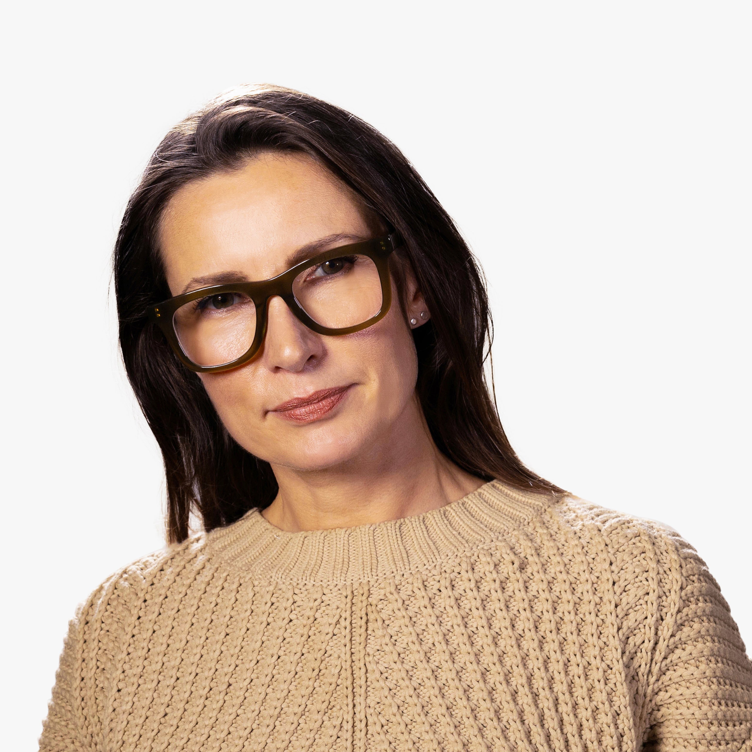 Luxreaders stylish Samsø Shiny Olive Reading glasses. Made from Bio-acetate in a Square shape.