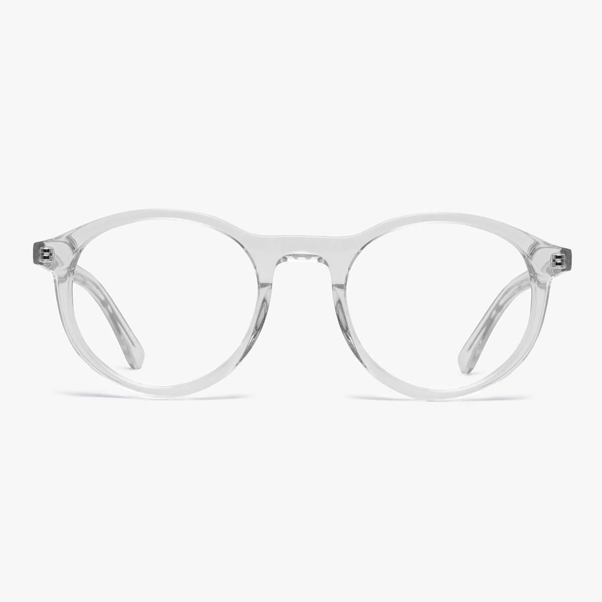 Luxreaders stylish Women's Løkken Crystal White Blue light glasses. Made from Acetate in a Round shape.