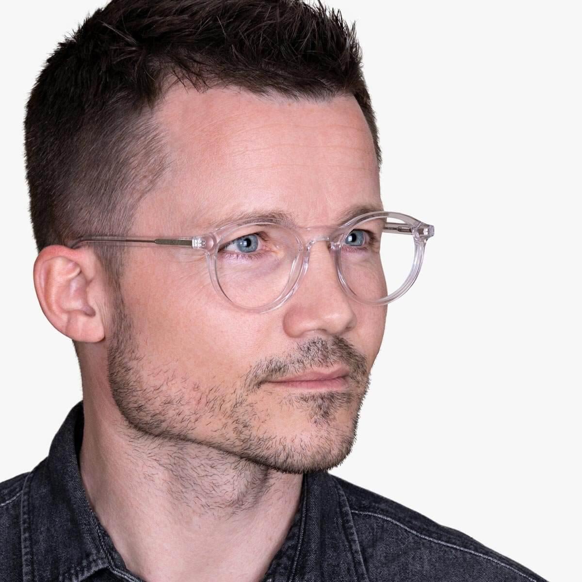 Luxreaders stylish Løkken Crystal White Blue light glasses. Made from Acetate in a Round shape.