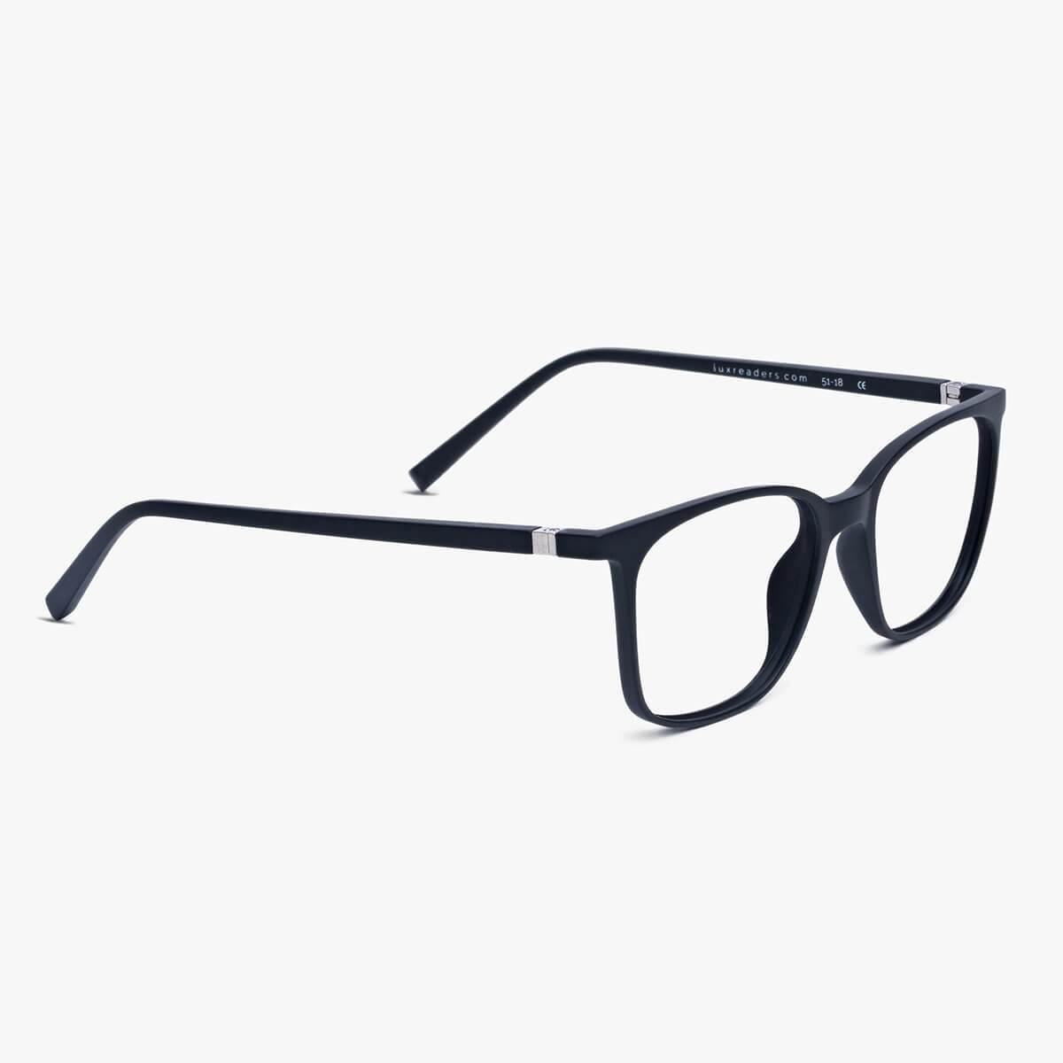 Fyn Black reading glasses with black rectangular frames and silver accents