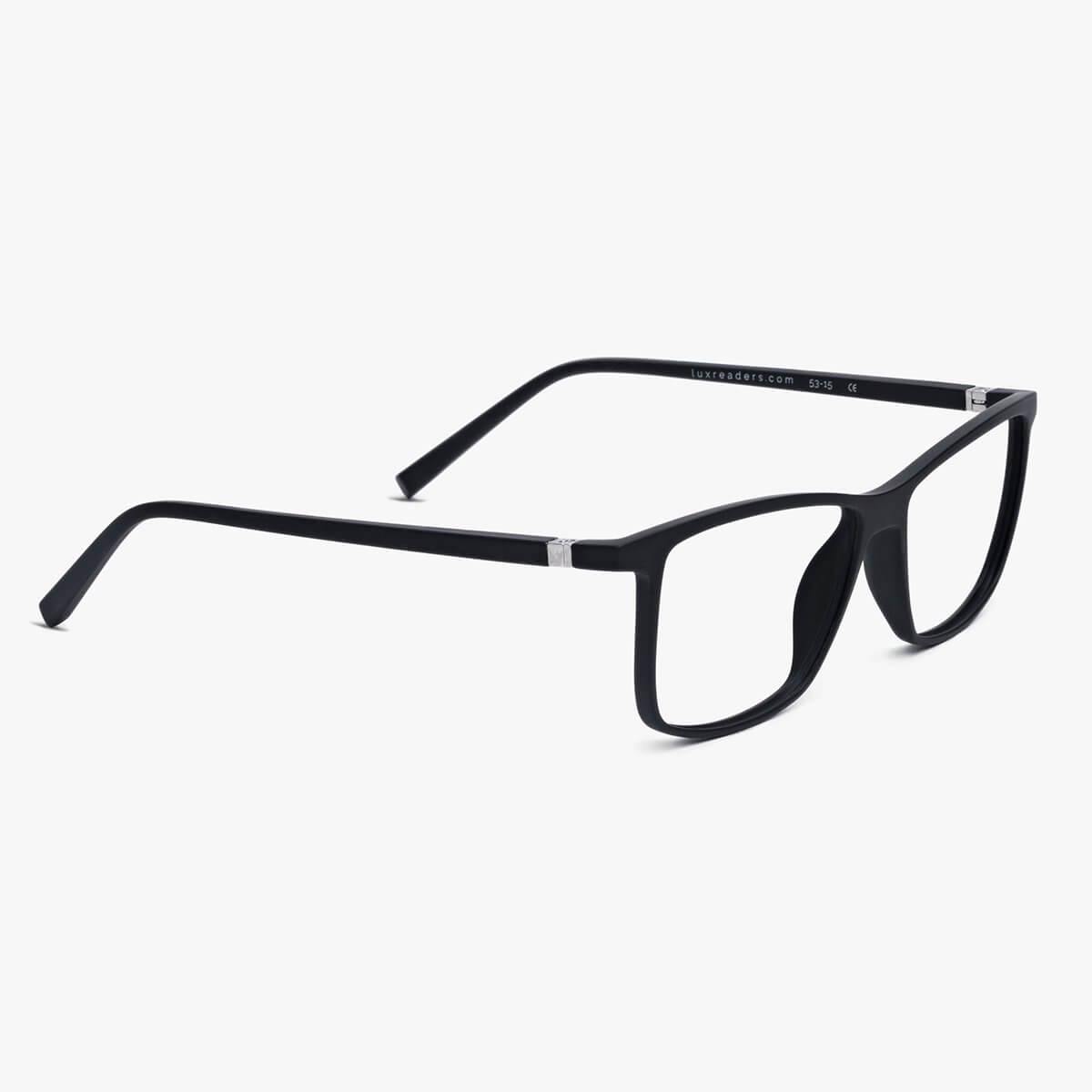 København Black reading glasses with black rectangular frames and Luxreaders branding