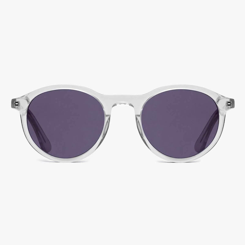 Round crystal white sunglasses with dark lenses