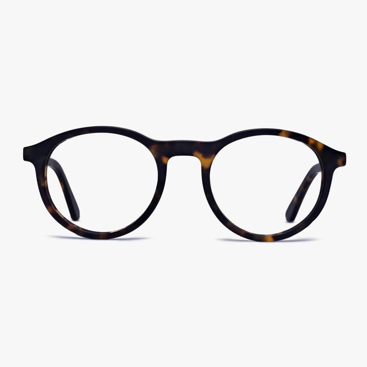 Round dark turtle reading glasses with a tortoiseshell frame