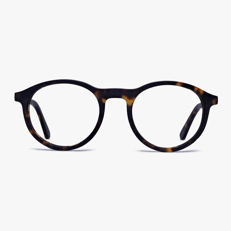 Round dark turtle reading glasses with a tortoiseshell frame