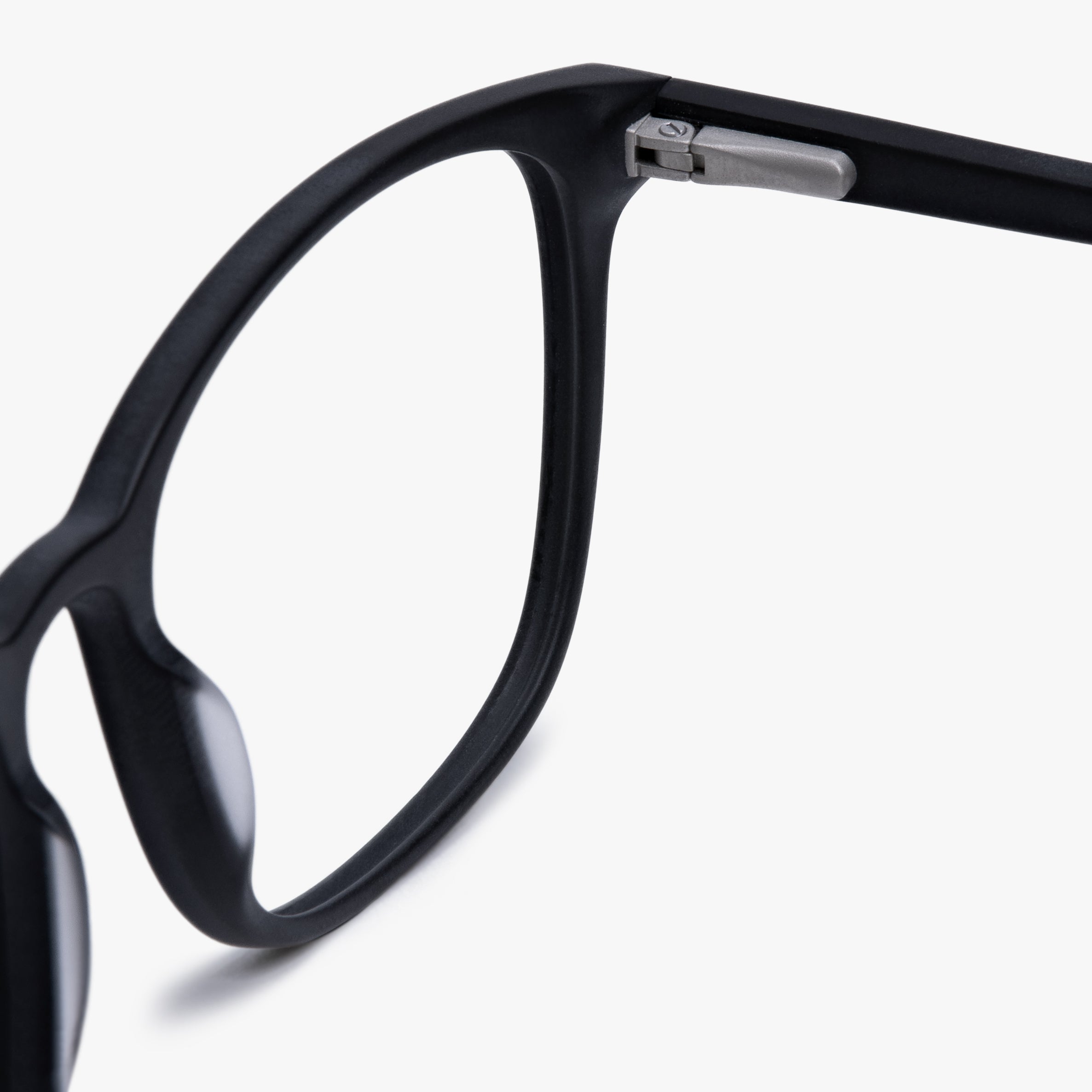 Close-up of black Ebeltoft glasses frame hinge and temples
