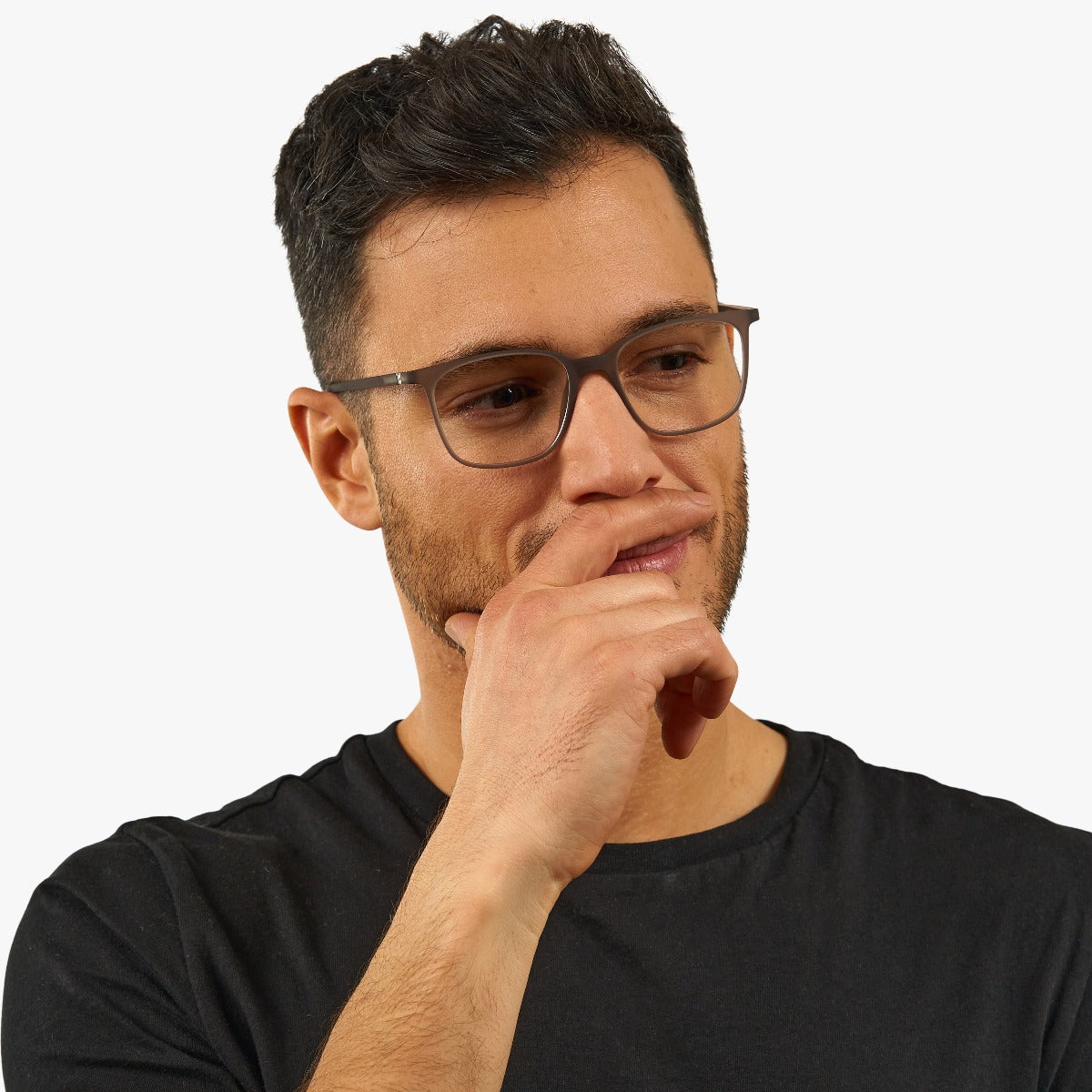 Person wearing Men's Fyn Grey reading glasses