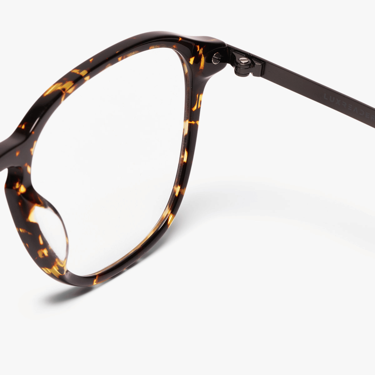 Men's Rønne Dark Turtle tortoiseshell glasses with Luxreaders branding