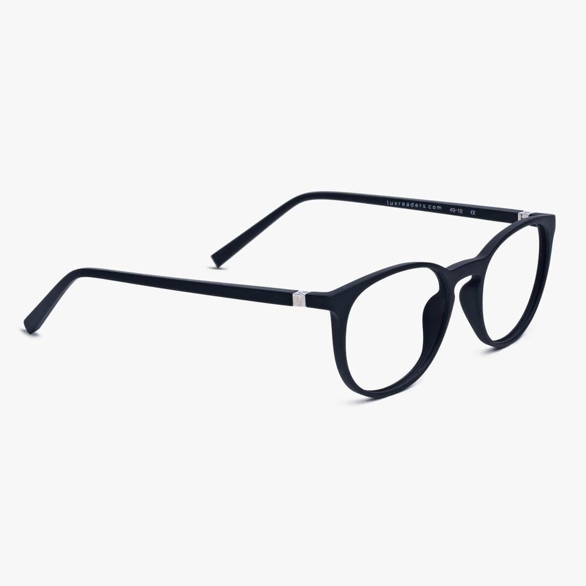 Men's Stockholm Black glasses with black round frames and Luxreaders branding
