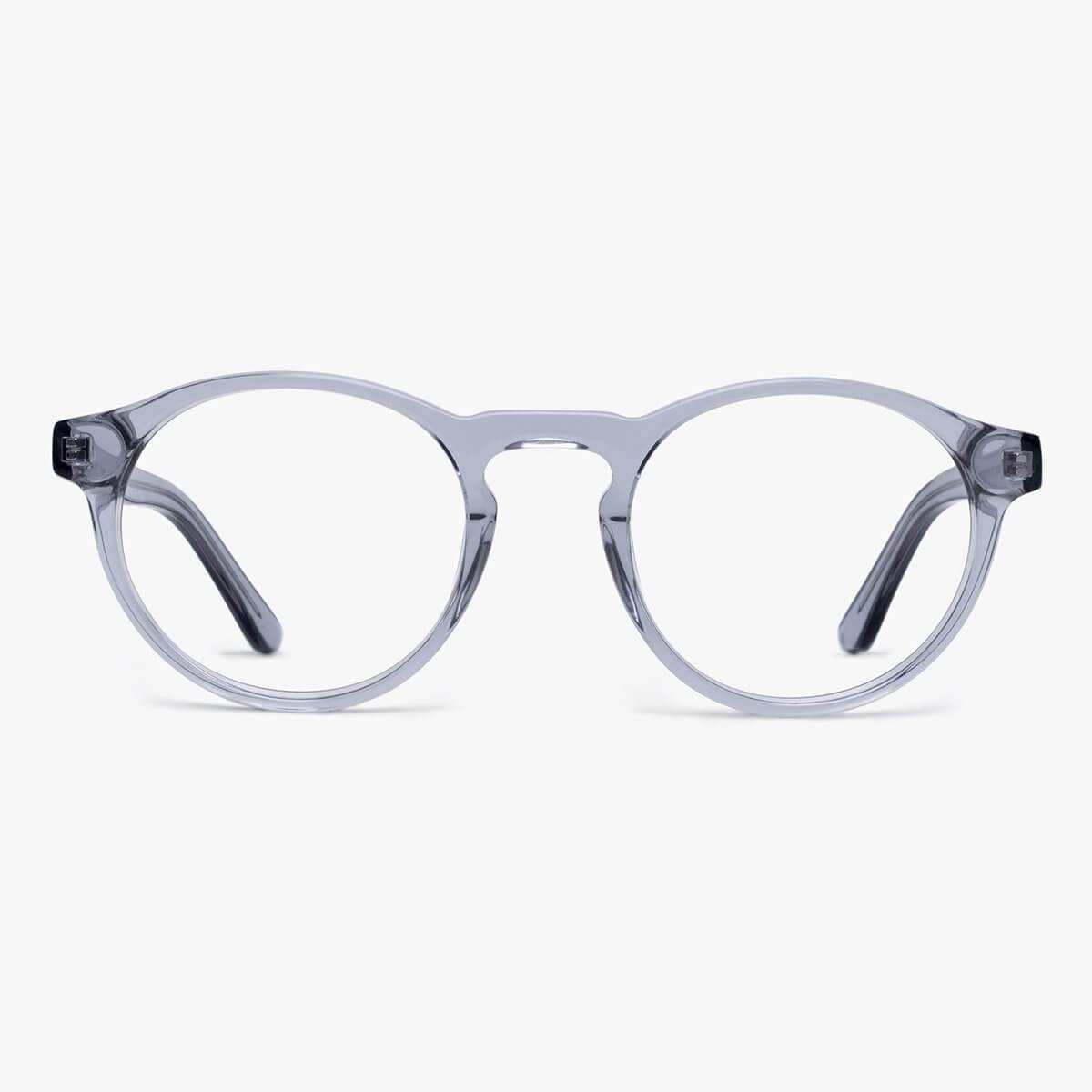 Round crystal grey reading glasses with clear frames
