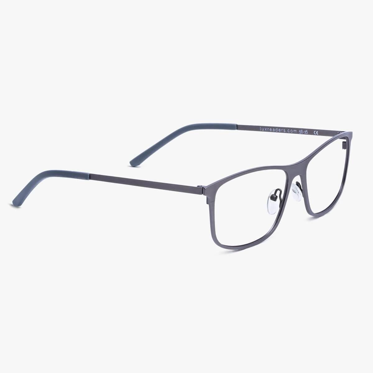 Grey rectangular Møn Gun glasses with Luxreaders branding