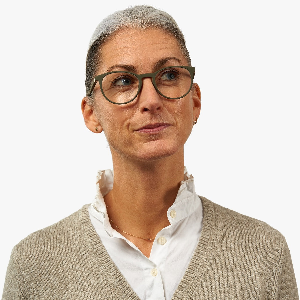 Person wearing Women's Stockholm Dark Army glasses