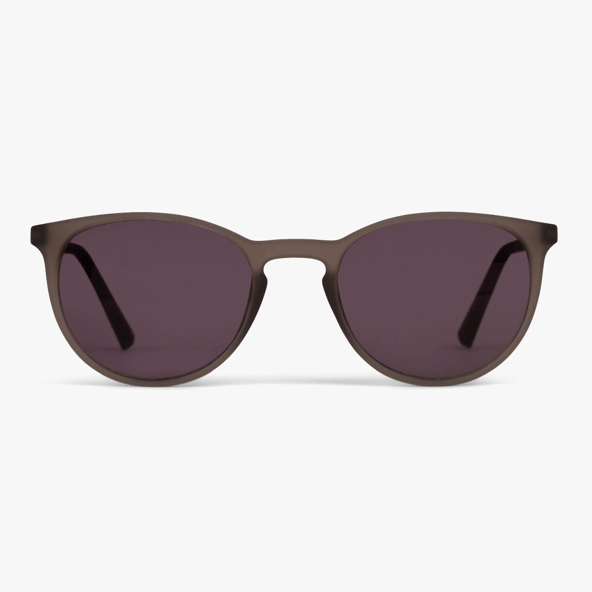 Women's round grey sunglasses with dark lenses