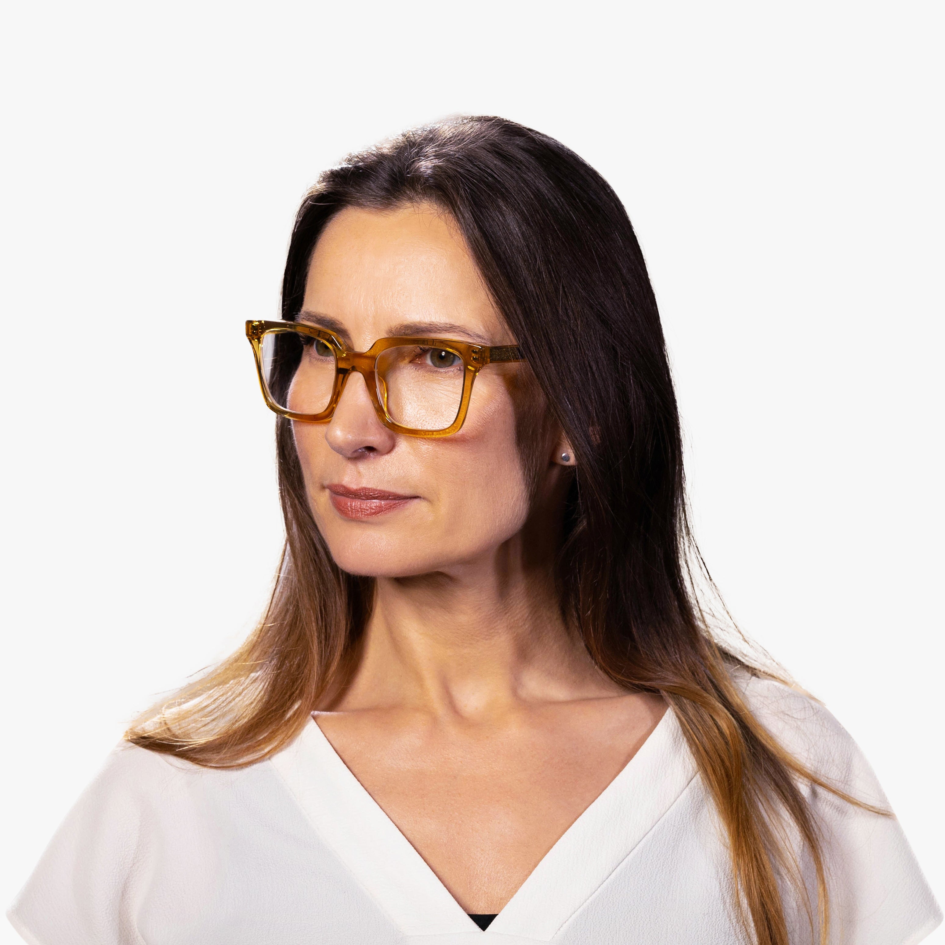 Person wearing Women's Tisvilde Crystal Caramel reading glasses