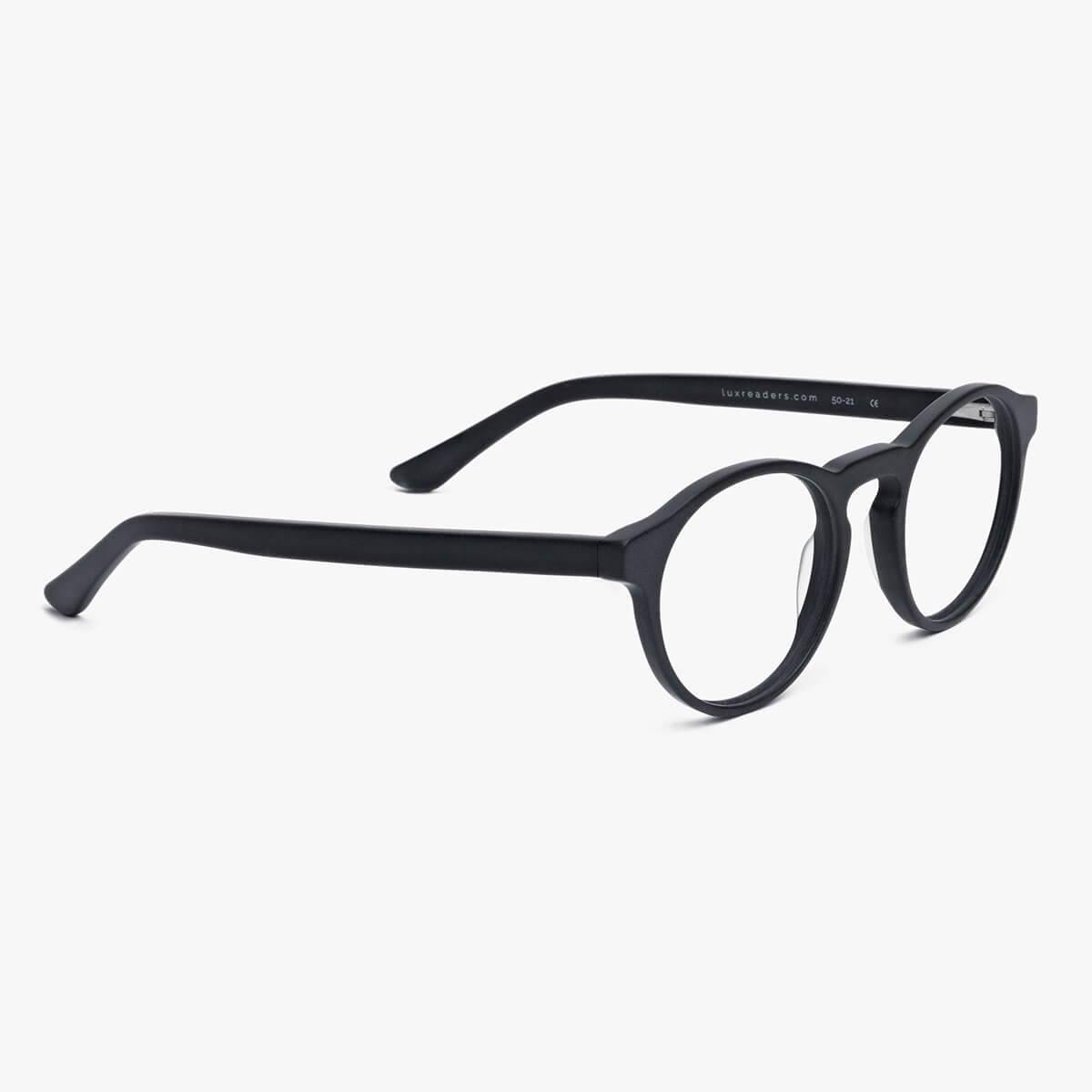 Women's Trondheim Black round-frame glasses with Luxreaders branding