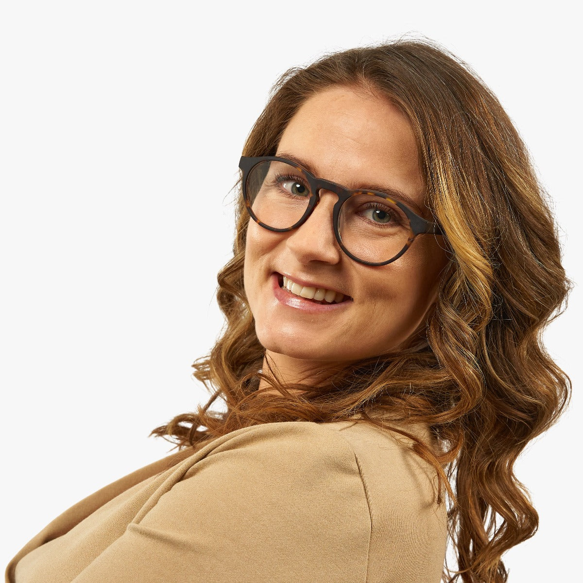 Person wearing women's Trondheim dark turtle glasses