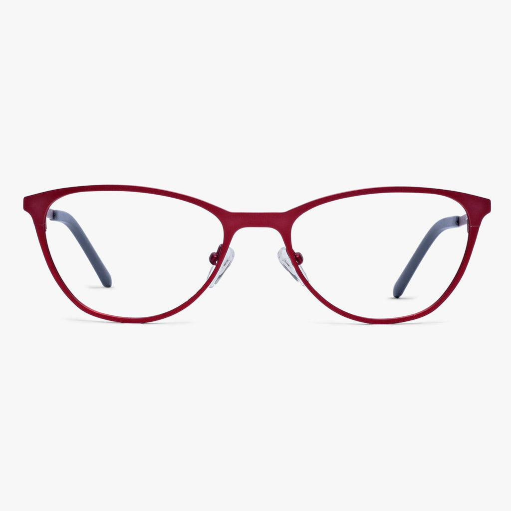 Røde læsebriller lavet af rustfrit stål